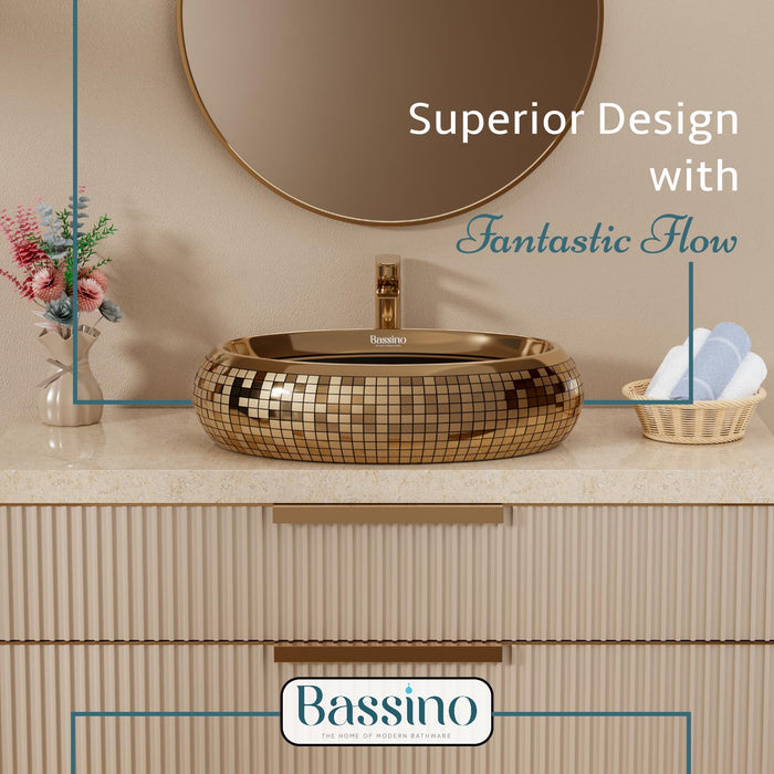 BASSINO Ceramic Wash Basin Black Rosegold Table Top Washbasin Countertop Vessel Sink for Bathroom Kitchen Dining Living Room Modern Ceramic Basin Solid Surface Installation 24x16x6 Inch (BTT-11308)