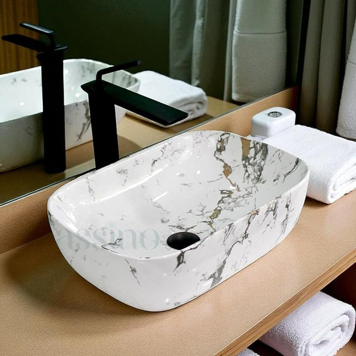 Premium White Marble Ceramic Table Top Basin (18x13x5 In) BTT-751-IN