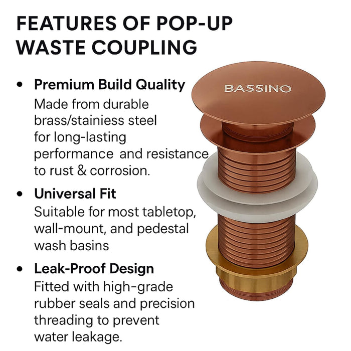 Bassino 6" Heavy-Duty Brass Rust-Proof Pop-Up for Basin | Waste Coupling 32mm (6 Inch) Drain Coupling Brushed Rose Gold