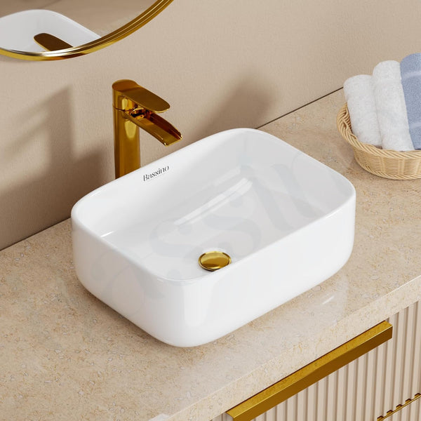 Premium Ceramic Table Top Wash Basin, White Glossy Rectangular Contemporary Design (16x12x6 Inch) BTT-W57