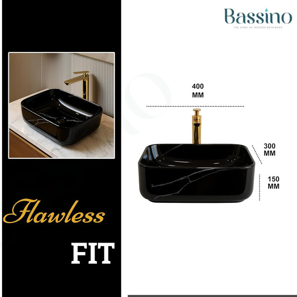 Premium Ceramic Table Top Wash Basin, Black Marble Glossy (16 × 12 × 5.5 In) BTT-660-IN