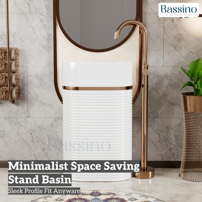 BASSINO Ceramic Free Standing Pedestal Wash Basin For Living Room and Bathroom,Home & Office Basin (510X355X830 MM, White-Glossy) BPB-743
