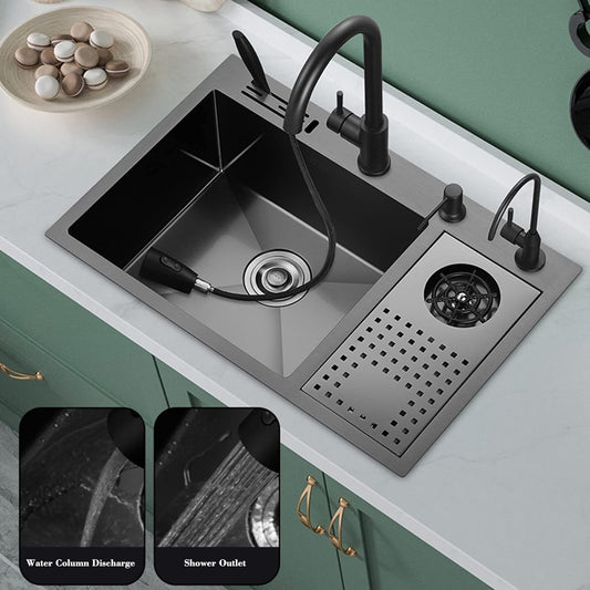Kitchen Sink 304 Stainless Steel Nano, Drop in Single Bowl Workstation Sink, with Pull-Out Faucet, Pressurized Cup Washer, Knife Holder Box