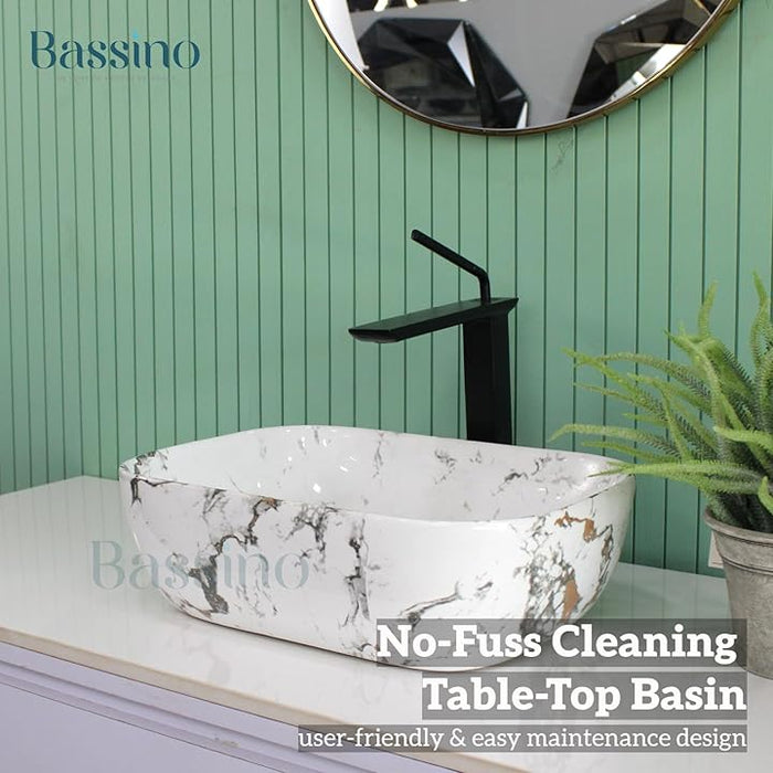 Premium White Marble Ceramic Table Top Basin (18x13x5 In) BTT-751-IN