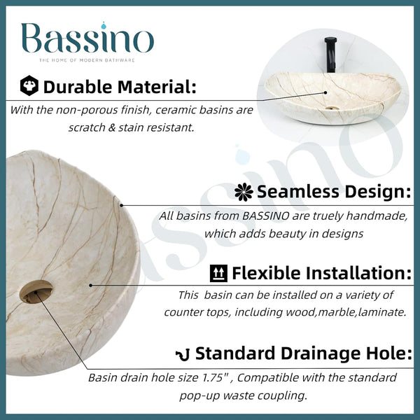 Premium Ceramic Table Top Wash Basin, Ivory Matt Finish (22 × 16 × 6 In) BTT-1443