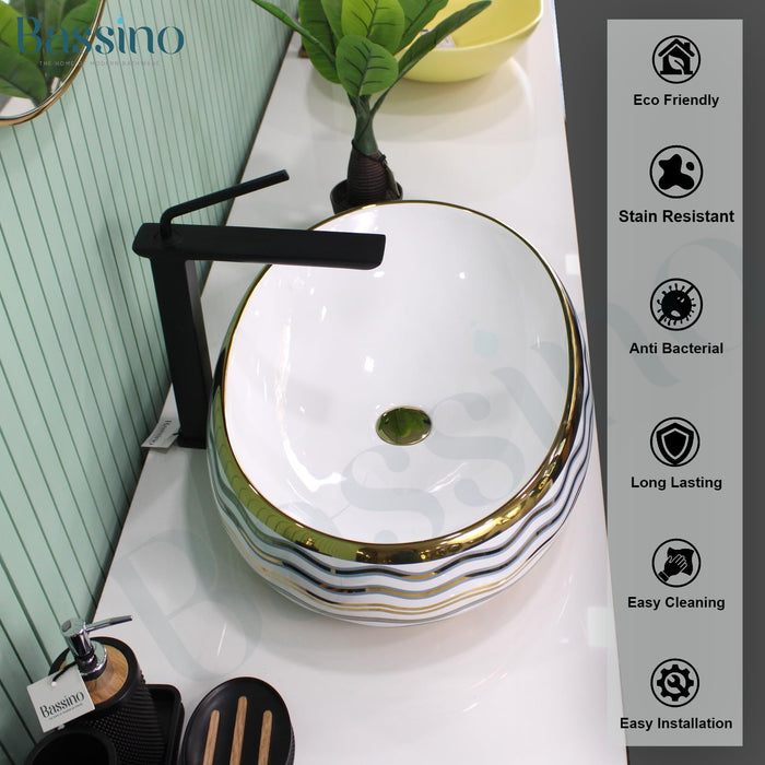 BASSINO Art Ceramic Wash Basin for Bathroom, Living Room, Hall, Dinning Room/Decorative Tabletop Sink for Kitchen/Countertop Vessel Sink for Hotels-White Gold,(24x16x6 Inch)