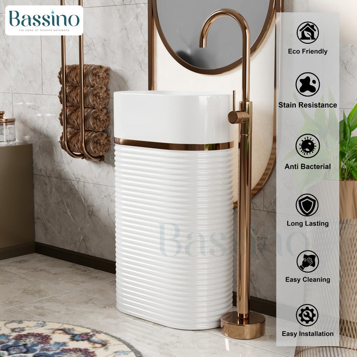 BASSINO Ceramic Free Standing Pedestal Wash Basin For Living Room and Bathroom,Home & Office Basin (510X355X830 MM, White-Glossy) BPB-743