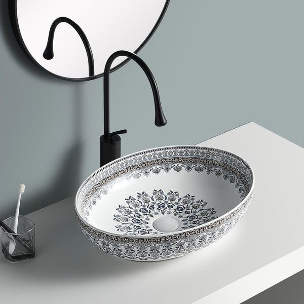 Premium Ceramic Designer Table Top Wash Basin, Refined Finish (20 × 14.5 × 5.5 In) MOROCCON PRINT