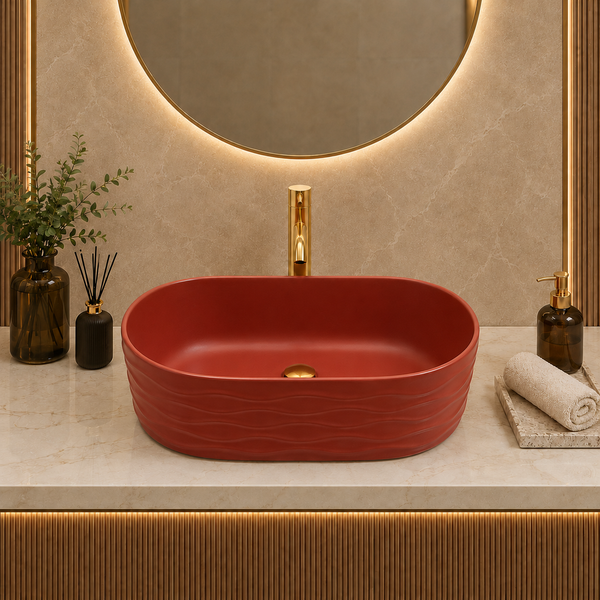 Bassino 20" Matte Red Wave-Textured Oval Ceramic Countertop Wash Basin – Designer Vessel Sink (20" x 12" x 6")