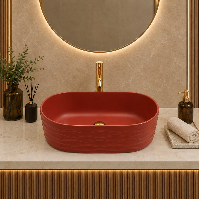 Bassino 20" Matte Red Wave-Textured Oval Ceramic Countertop Wash Basin – Designer Vessel Sink (20" x 12" x 6")