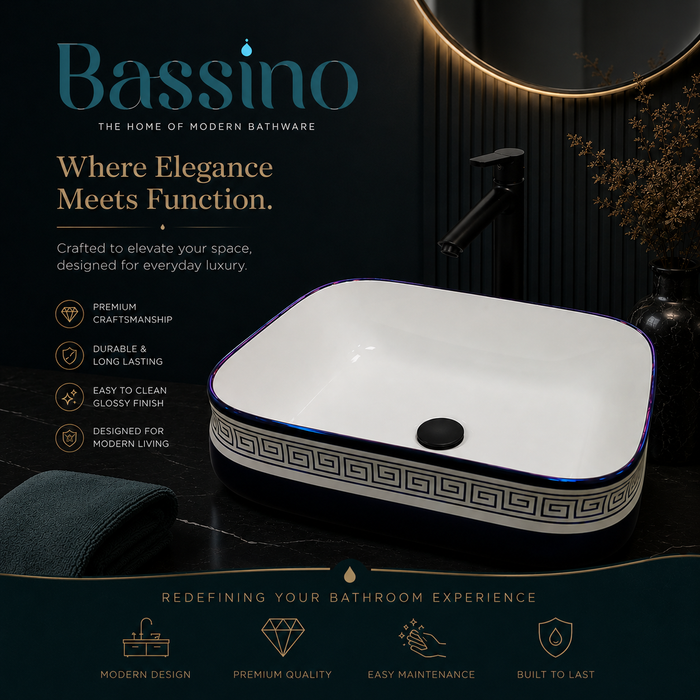 Bassino Blue & White Greek Pattern Countertop Wash Basin – Premium Ceramic Vessel Sink (18.1" x 14.2" x 5.5")