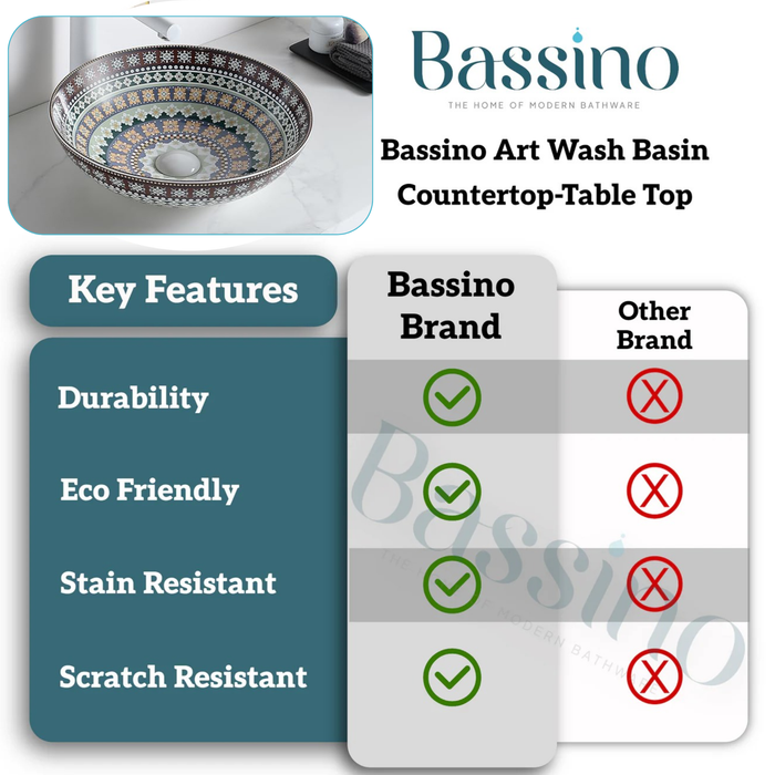 Designer Round Ceramic Countertop Basin (Traditional Multicolor Pattern (16 x 16 x5 In- AB676)