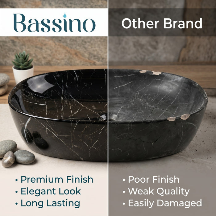 Bassino Oval Black Marble Countertop Wash Basin – Premium Ceramic Vessel Sink (23.6" x 15" x 5.5")