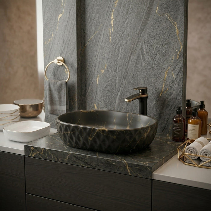 Bassino Black Marble Oval Countertop Wash Basin – Geometric Textured Ceramic Vessel Sink (20" x 13" x 5")