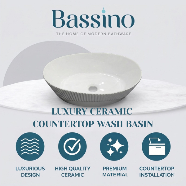 Bassino Textured Oval Countertop Wash Basin (19" x 13" x 6") – Premium Ceramic Sink with Ribbed Exterior Design
