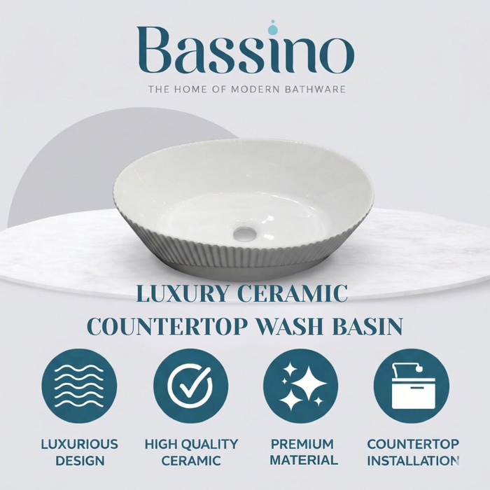 Bassino Textured Oval Countertop Wash Basin (19" x 13" x 6") – Premium Ceramic Sink with Ribbed Exterior Design
