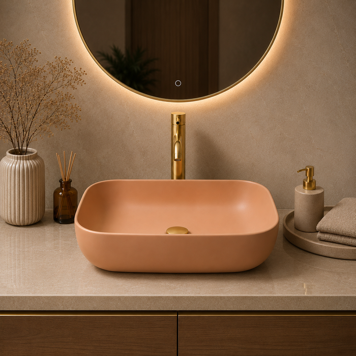 Bassino Matte Peach Countertop Wash Basin – Modern Ceramic Vessel Sink (17.9" x 12.8" x 5.5")