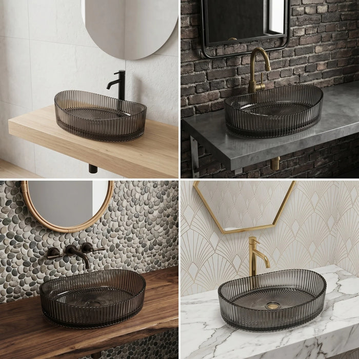 Bassino Modern Transparent Glass Wash Basin | Stylish Countertop Wash Basin for Bathroom–525x350x155 mm Black