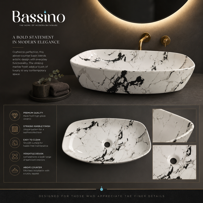 Bassino 24" Marble Pattern Oval Countertop Wash Basin – Premium Ceramic Vessel Sink, White & Black Marble Finish (23.6" x 15" x 5.5")