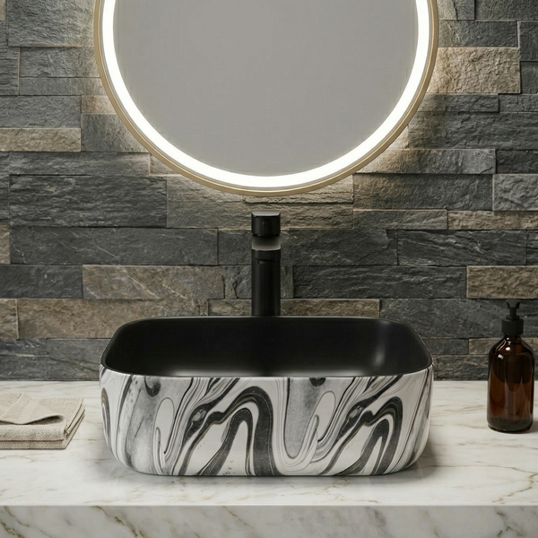 Bassino Square Black Marble Finish Ceramic Countertop Wash Basin | Modern Designer Vanity Sink, 16 x 12 x 6 Inch