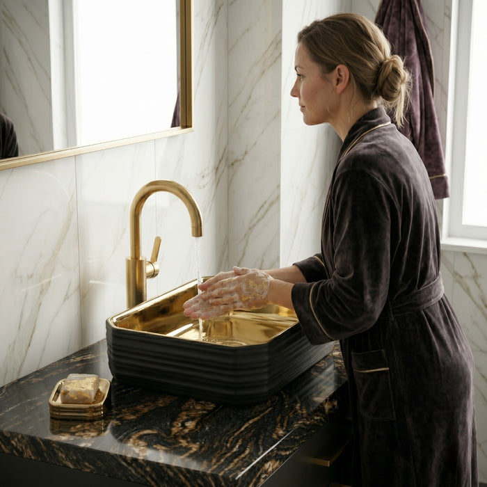 Bassino Luxury Gold Finish Countertop Wash Basin – Premium Black & Gold Ceramic Vessel Sink (18.1" x 13.4" x 4.7")
