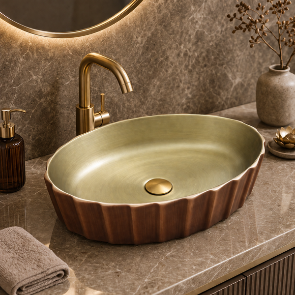 Bassino Textured Oval Countertop Wash Basin – Luxury Designer Vessel Sink (22" x 14.2" x 5.9")