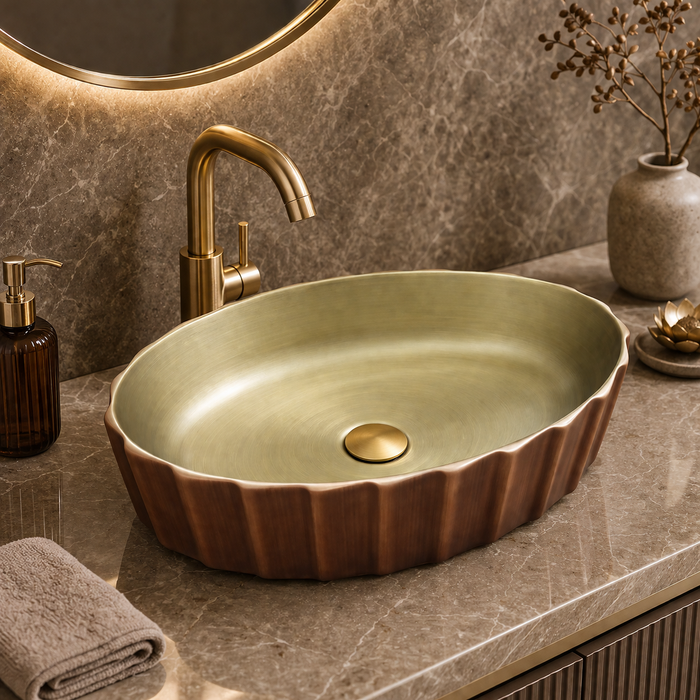 Bassino Textured Oval Countertop Wash Basin – Luxury Designer Vessel Sink (22" x 14.2" x 5.9")