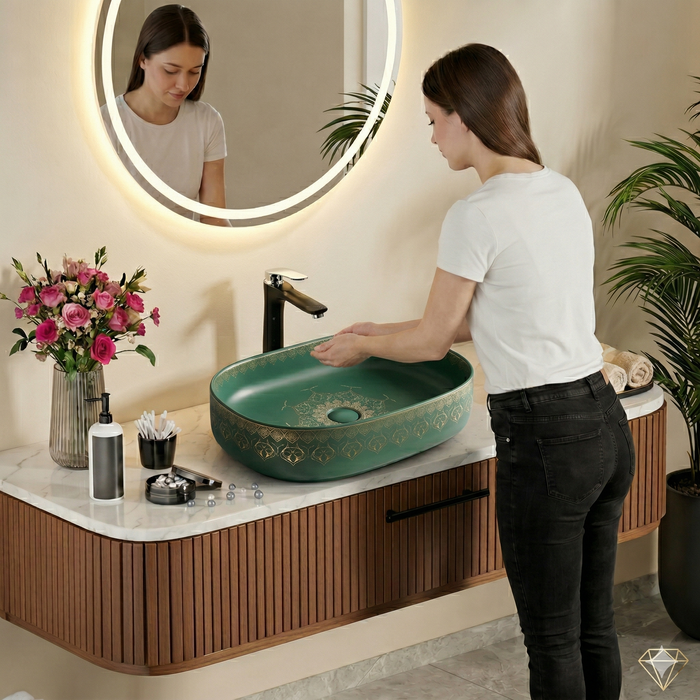 Designer Ceramic Wash Basin Moroccan design | 21 x 14 x 6 In | Green