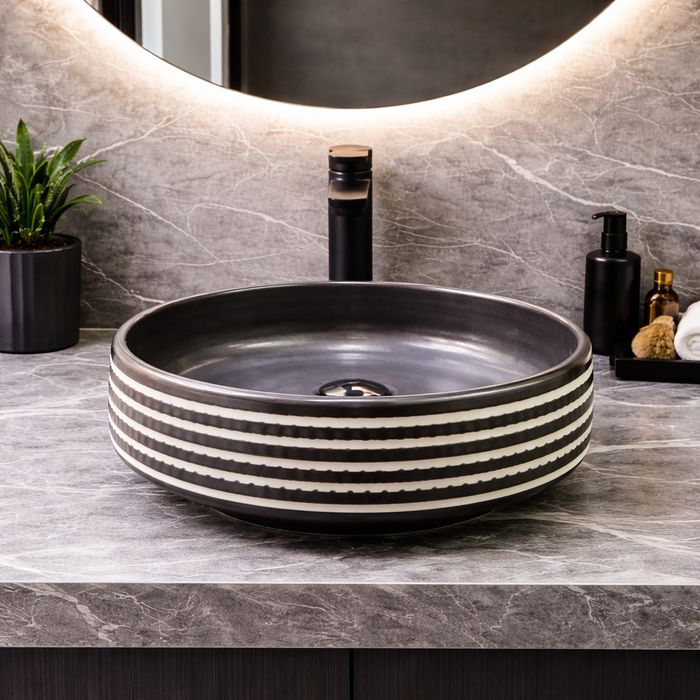 BASSINO Zebra Artisan Circular Ceramic Vessel Sink (16 x 16 x 6 Inches)
