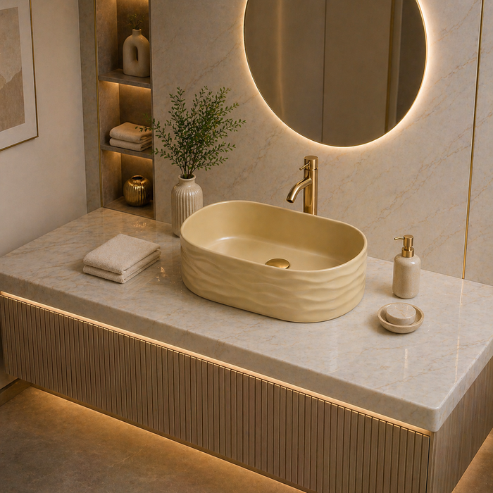 Bassino 20" Beige Wave-Textured Oval Ceramic Countertop Wash Basin – Designer Vessel Sink (20" x 12" x 6")