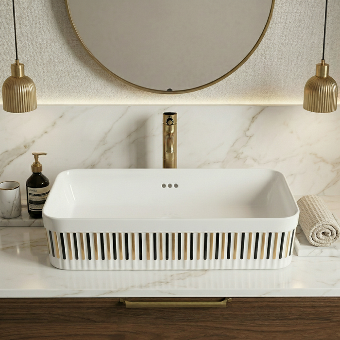 Luxury Rectangular Ceramic Counter Top Wash Basin | Gloss Ceramic Basin | 24x14x6 inch | White With Vertical Striped
