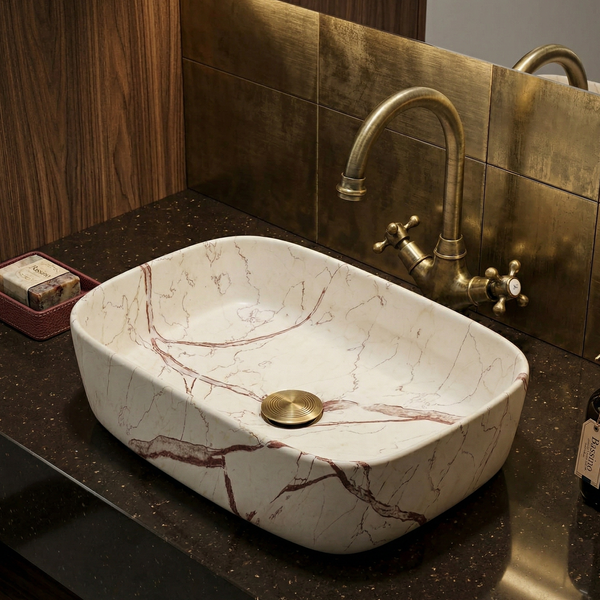Bassino Premium Rectangular Marble Finish Countertop Wash Basin (18" x 13" x 6") – Luxury Ceramic Vanity Sink