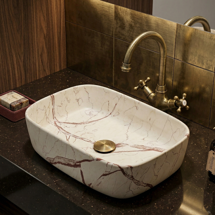 Bassino Premium Rectangular Marble Finish Countertop Wash Basin (18" x 13" x 6") – Luxury Ceramic Vanity Sink