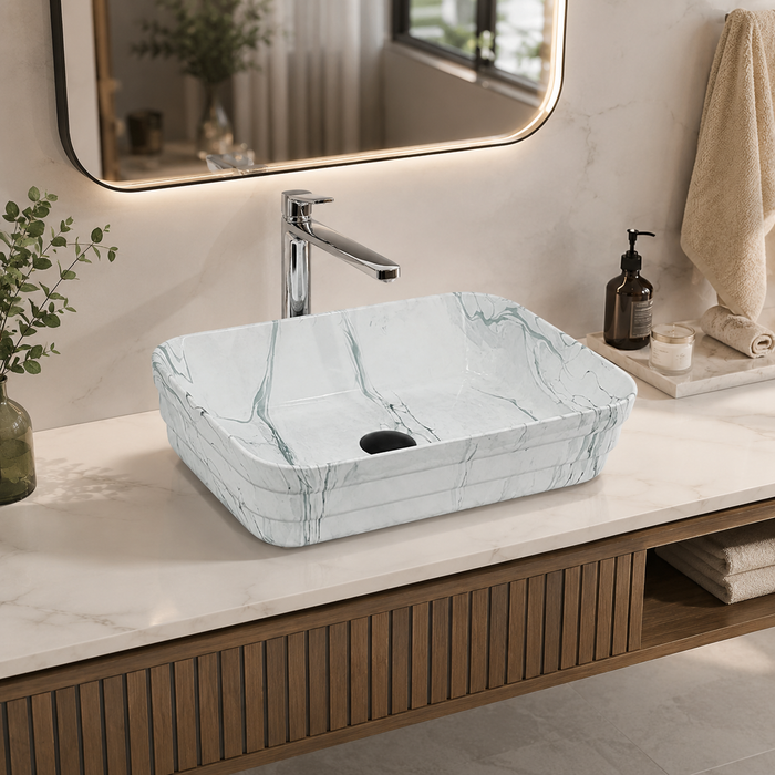 Glossy Marble Finish Rectangular Countertop Bathroom Sink Wash Basin (20" × 14" × 5" IN) White
