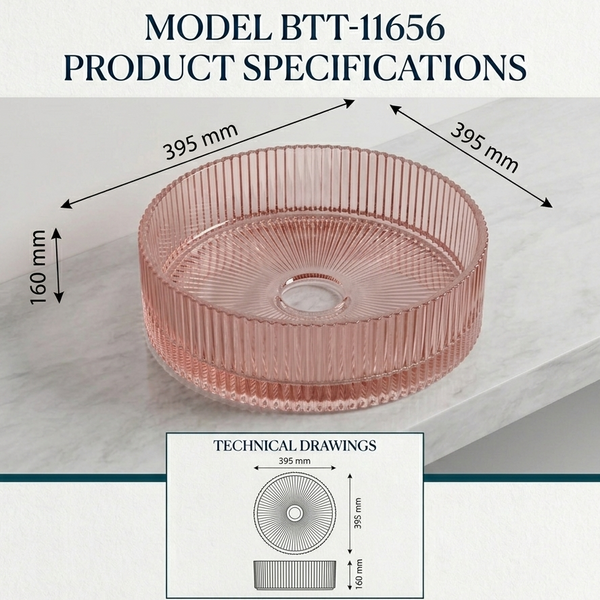 Bassino Modern Transparent Glass Wash Basin | Stylish Countertop Wash Basin for Bathroom–395x395x160 mm Rose gold