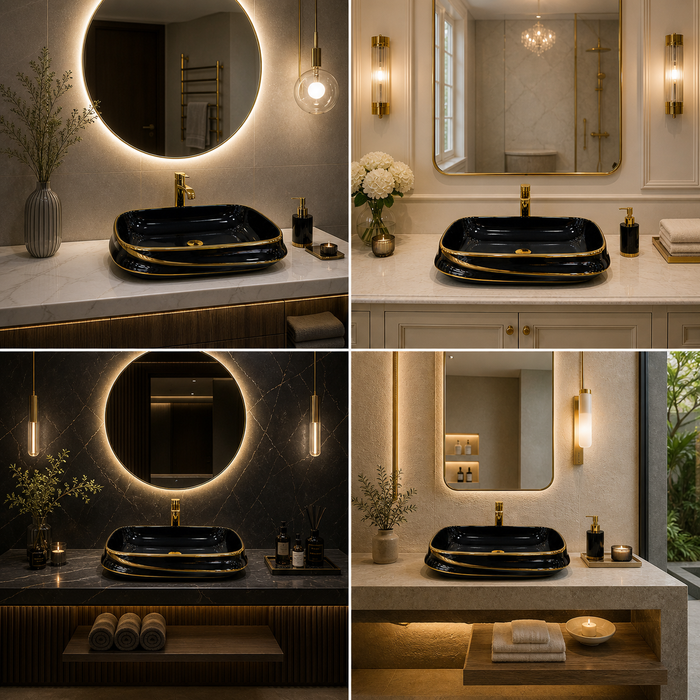 Bassino 25" x 18" Luxury Countertop Wash Basin – Premium Black & Gold Rectangular Ceramic Vessel Sink (24.6" x 17.7" x 5.9")
