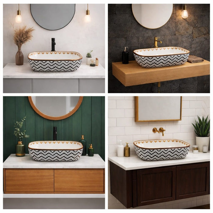 BASSINO Chevron Heart Gilded Ceramic Vessel Sink (18 x 13 x 6 Inches)