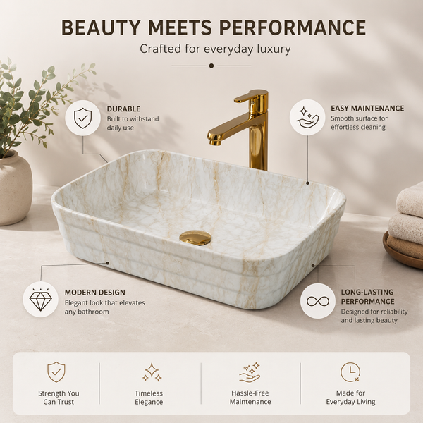 Glossy Marble Finish Rectangular Countertop Bathroom Sink Wash Basin (20" × 14" × 5" IN) Beige