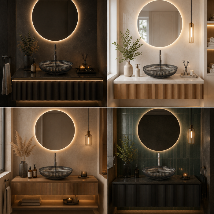 Bassino 20" Luxury Crystal Fluted Glass Countertop Wash Basin – Premium Smoky Black Oval Designer Vessel Sink (20.1" x 13.8" x 5.9")