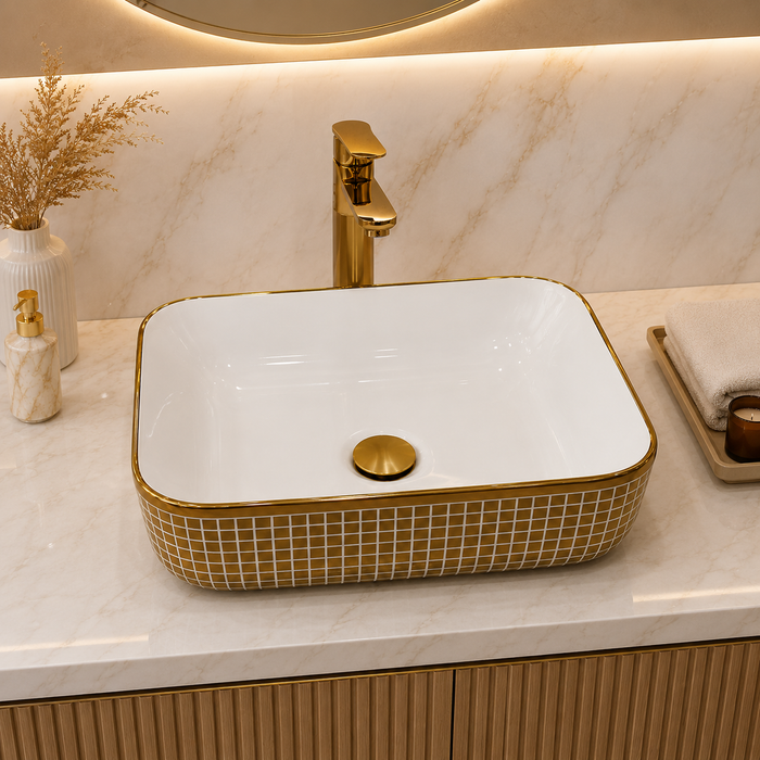 Bassino 16" x 12" Luxury Rectangular Countertop Wash Basin – White & Gold Designer Ceramic Vessel Sink (15.7" x 11.8" x 5.5")