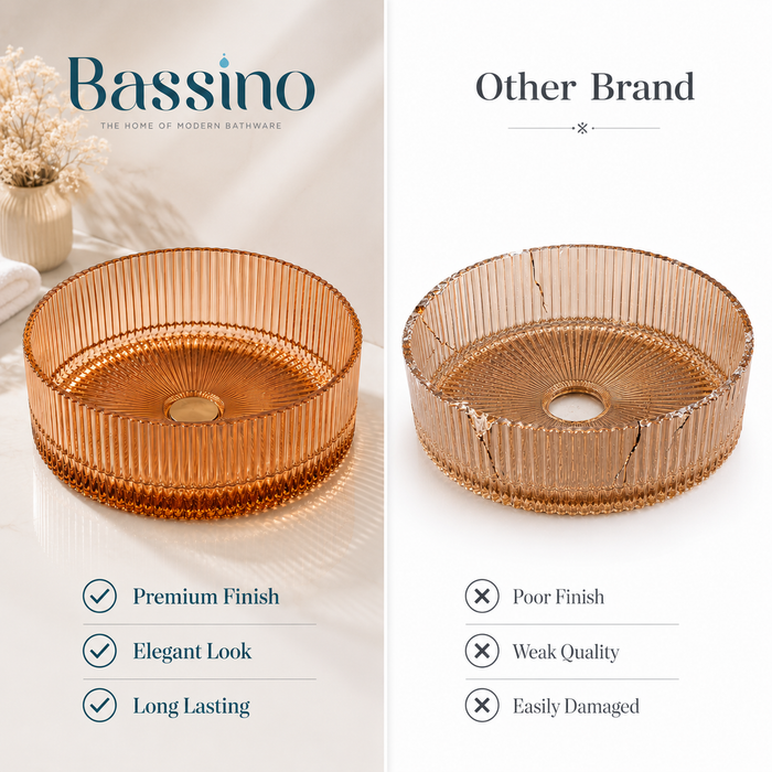Bassino 16" Luxury Ribbed Glass Countertop Wash Basin – Premium Amber Gold Round Designer Vessel Sink (15.7" x 15.7" x 4.7")