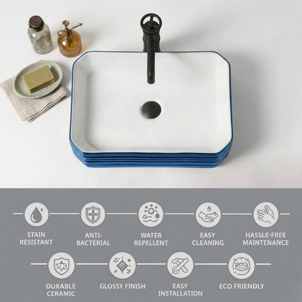 BASSINO Luxury Gradient Blue Tabletop Ceramic Wash Basin (18 x 13 x 5 Inches)