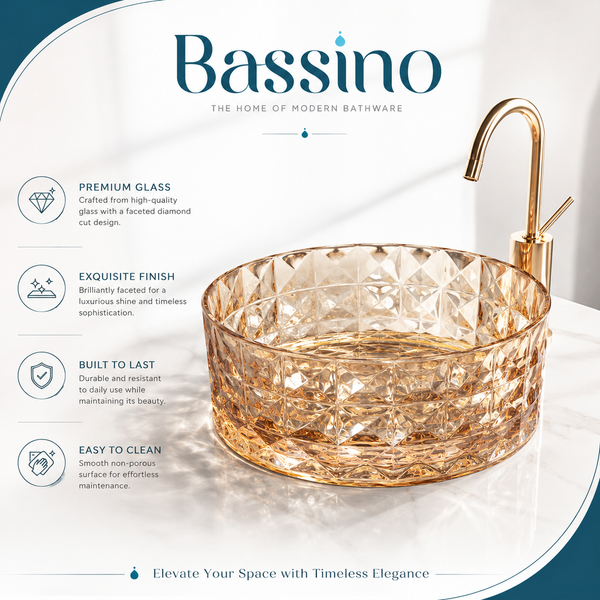 Bassino 12" Amber Faceted Glass Countertop Wash Basin – Luxury Round Vessel Sink (12" x 12" x 5")
