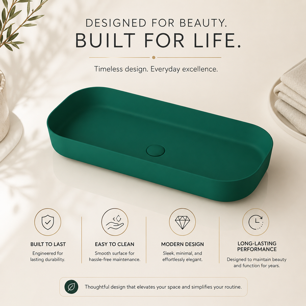 Bassino Modern Melamine Wash Basin | Stylish Countertop Wash Basin for Bathroom–800x350x125 mm Green