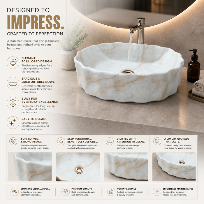 White Marble Design Ceramic Countertop Wash Basin – Luxury Unique Shape Table Top Basin (20" x 15" x 5.5")
