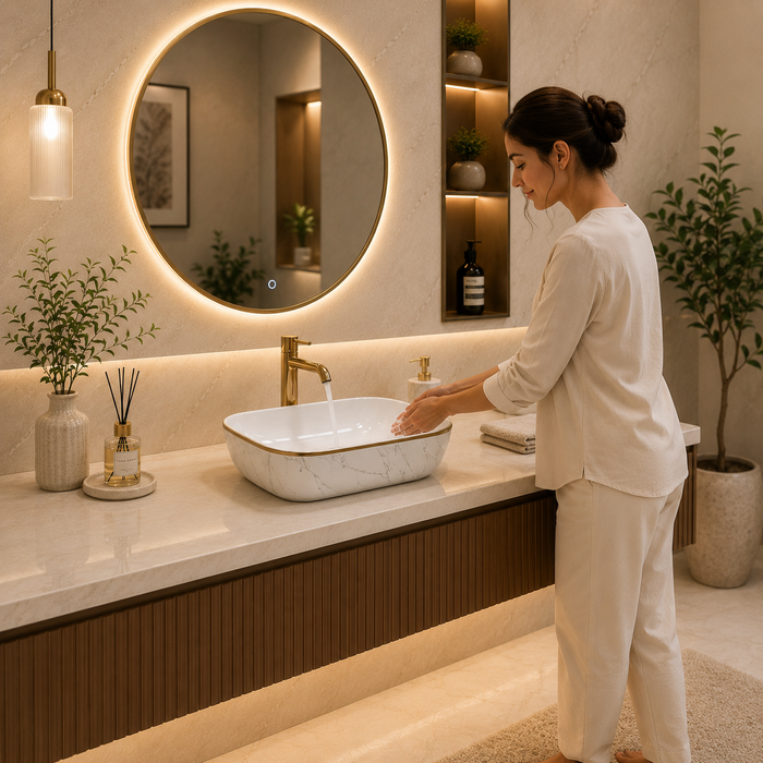 Bassino Marble Finish Table Top Wash Basin | Premium Countertop Ceramic Bathroom Sink | White Basin with Gold Rim 18 x 13 x 5 Inch