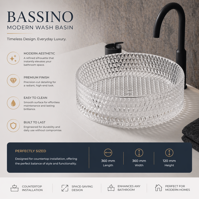 Bassino Modern Transparent Glass Wash Basin | Stylish Countertop Wash Basin for Bathroom–360x360x120 mm Clear