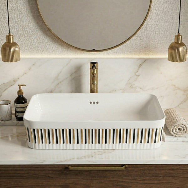 Bassino Luxury Designer Counter Top Wash Basin | Premium Rectangular Table Top Basin | Approx. 24 × 14 × 6 Inches White