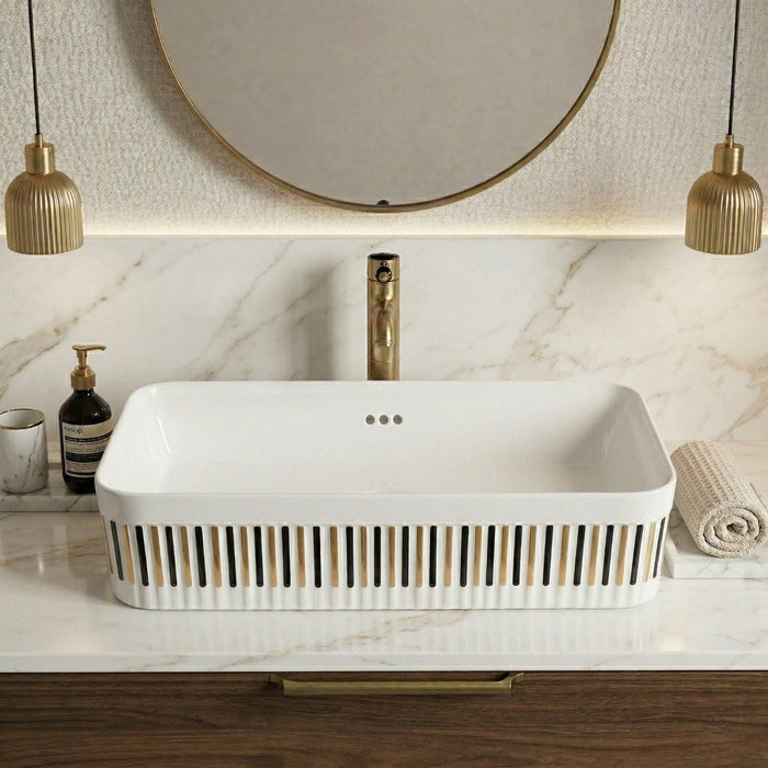 Bassino Luxury Designer Counter Top Wash Basin | Premium Rectangular Table Top Basin | Approx. 24 × 14 × 6 Inches White
