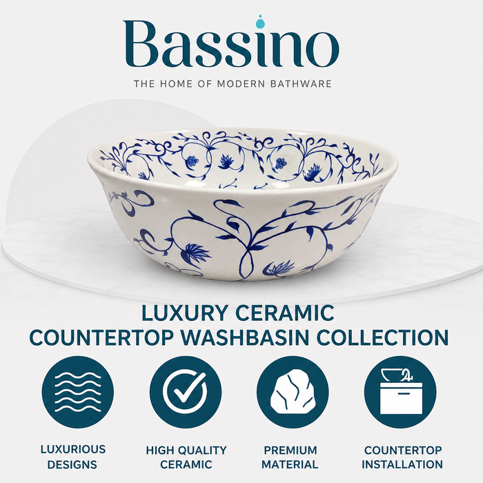 Bassino Floral Art Round Countertop Wash Basin – Designer Ceramic Vessel Sink (15.7" x 15.7" x 6.3")